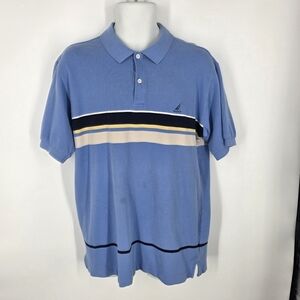 Nautica Men's Large Blue Striped Polo Shirt Short Sleeve 100% Cotton Preppy